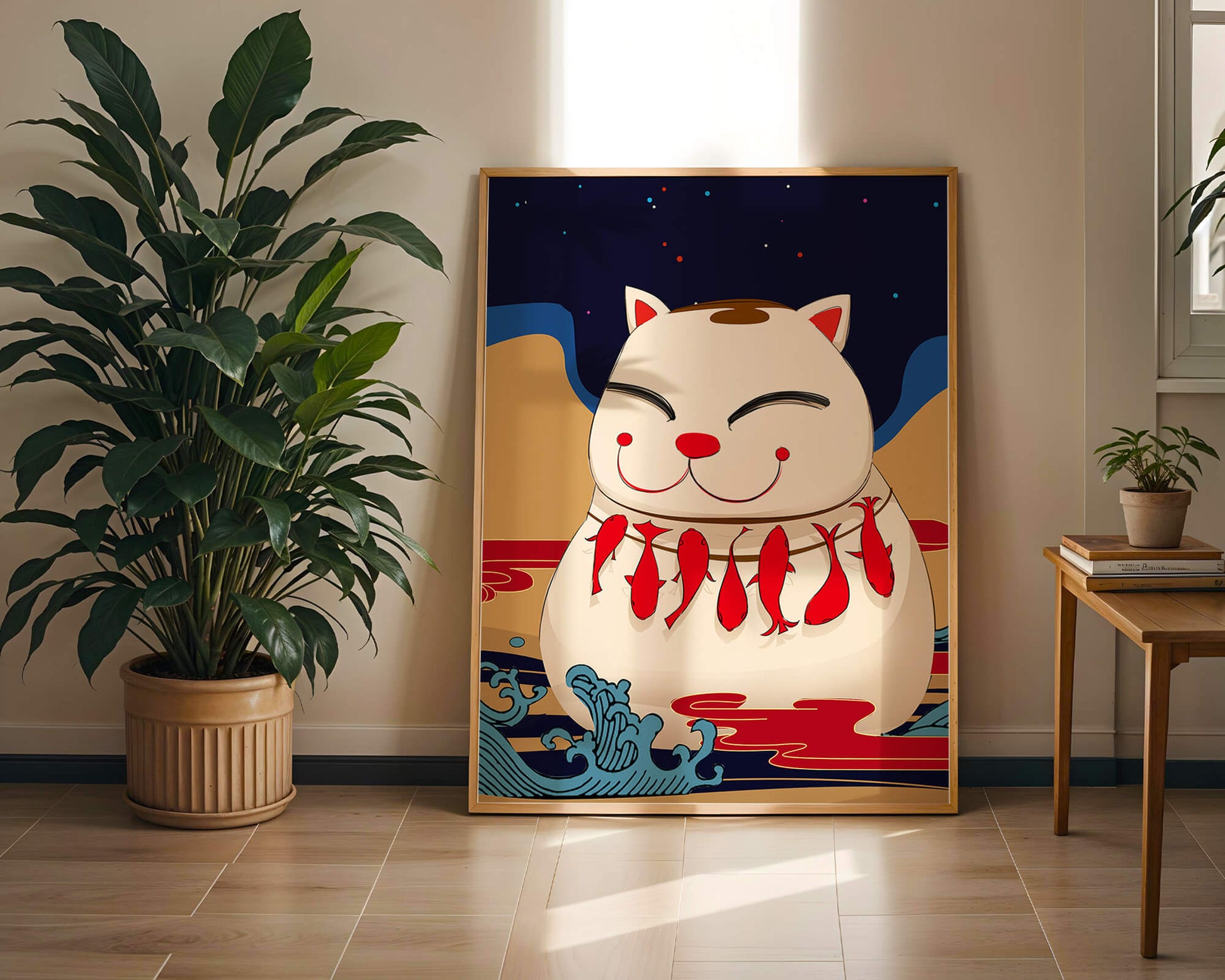 Japanese Lucky Cat with Fish Design in a Surreal Landscape