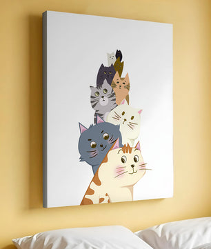 Stack of adorable cartoon cats with diverse patterns and colors