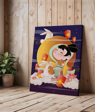 Illustration de déesse de la lune avec des lapins et des lanternes sur fond de mi-automne