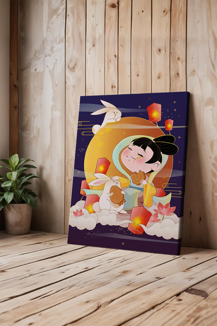 Illustration de déesse de la lune avec des lapins et des lanternes sur fond de mi-automne