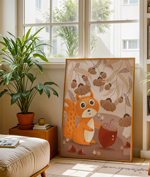 Orange Squirrel with Acorn in Autumn Forest