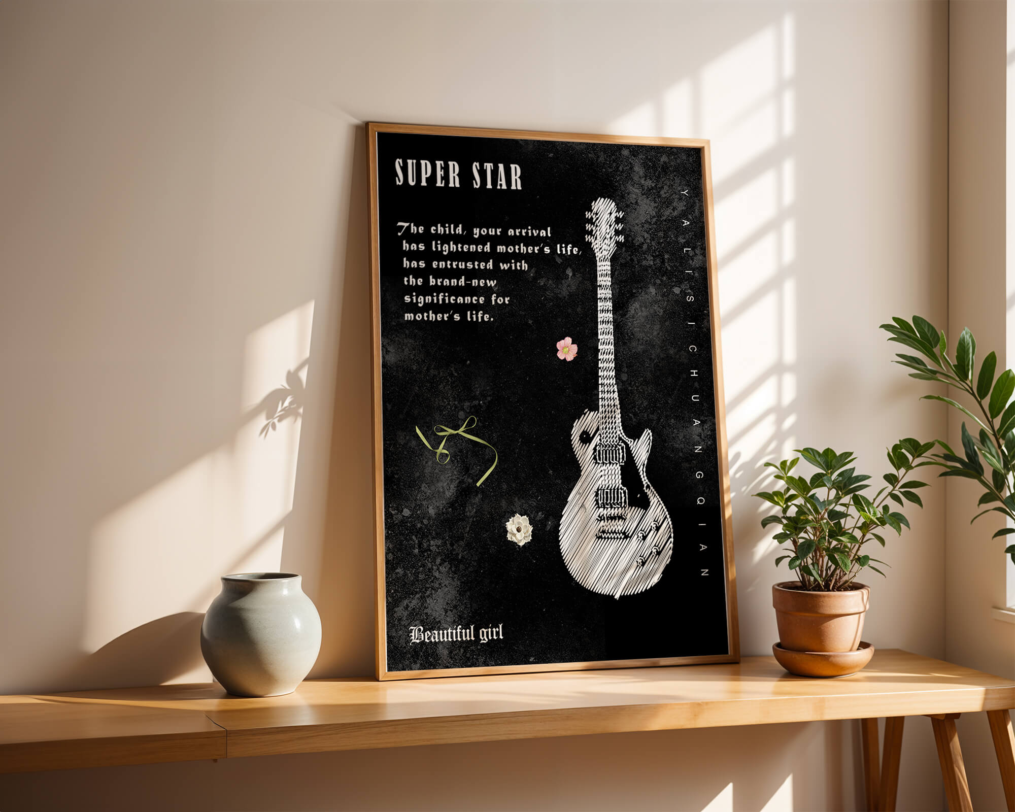 Artistic black and white guitar illustration with heartfelt text