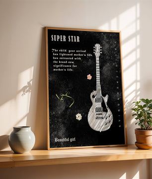 Ilustración de guitarra en blanco y negro artística con texto conmovedor