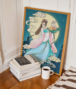 Traditional Asian-inspired artwork featuring a woman and rabbit under a moonlit sky