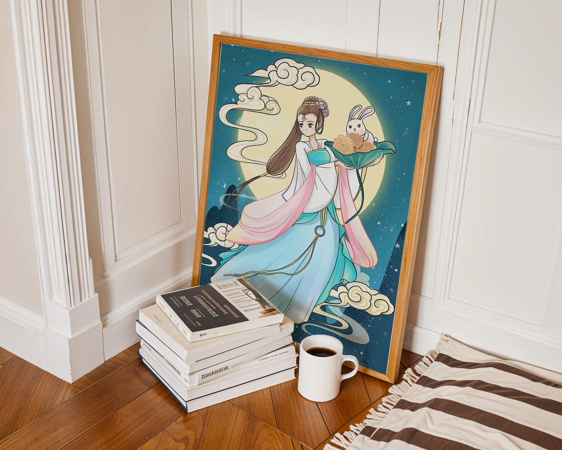 Traditional Asian-inspired artwork featuring a woman and rabbit under a moonlit sky