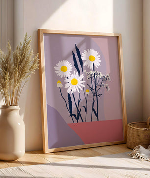 Illustrative floral artwork with daisies and abstract background