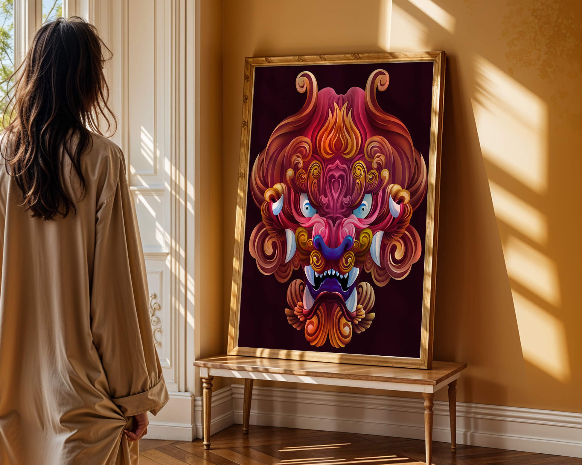 Intricate Colorful Dragon Face Illustration with Swirling Patterns