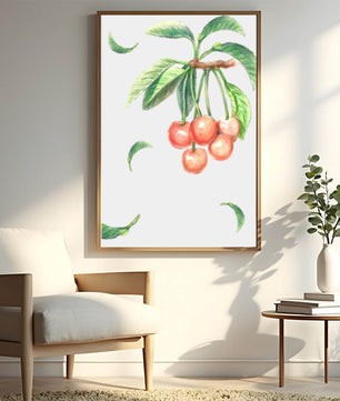 Ilustración realista de rama de cerezo con hojas verdes