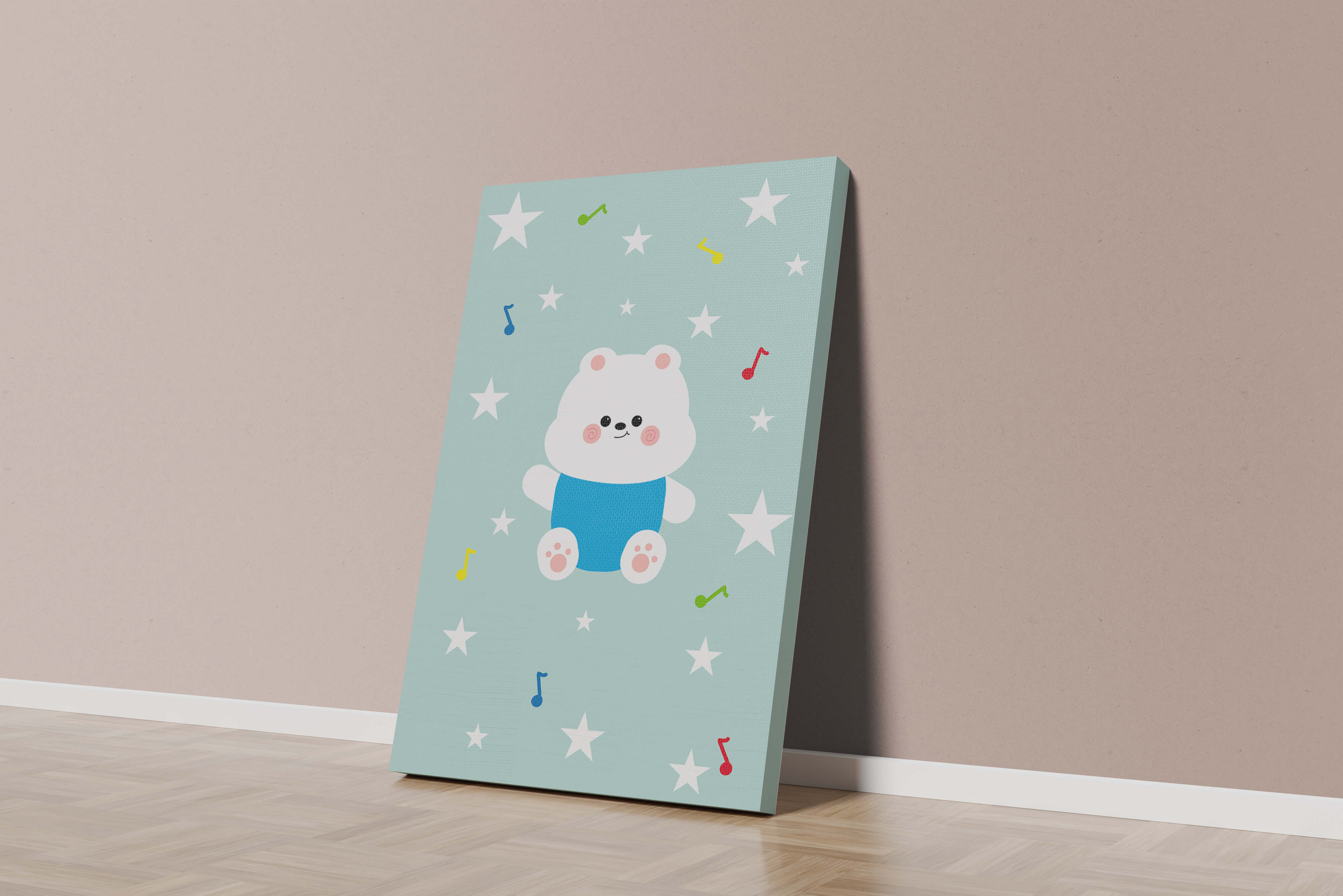 Playful bear illustration with musical notes and stars