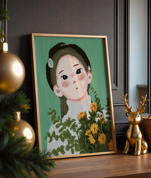 Illustration of a girl with flowers and a beret on a green background