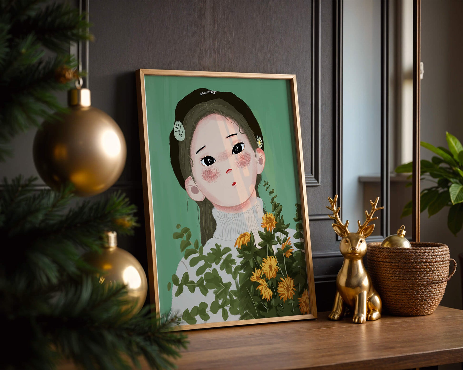 Illustration of a girl with flowers and a beret on a green background
