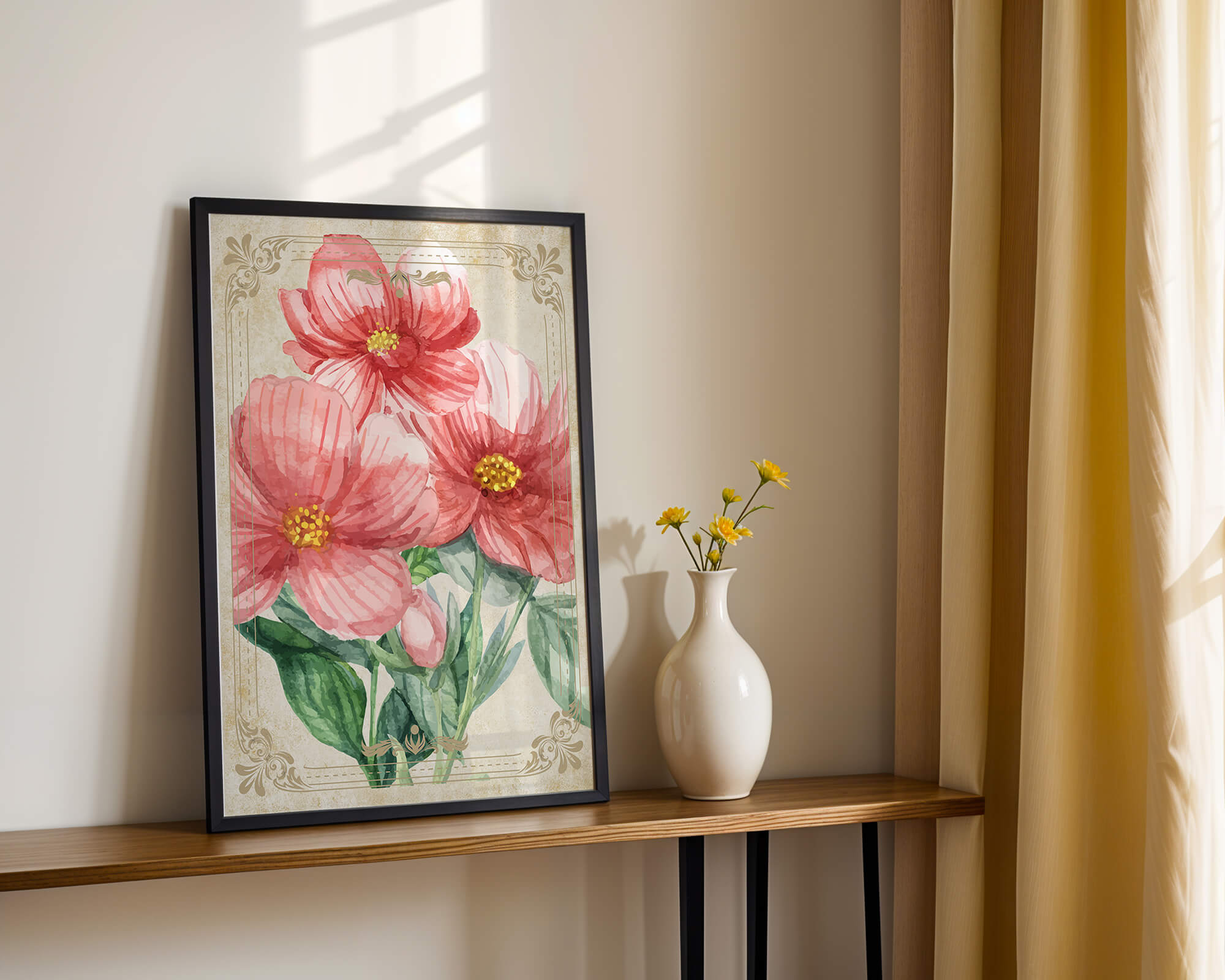 Watercolor floral illustration with pink blooms and green foliage