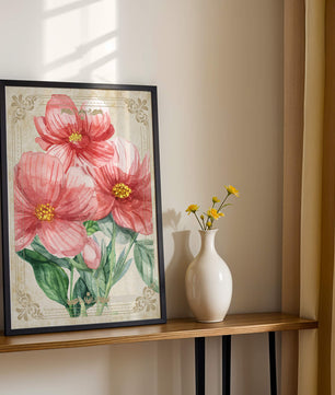 Watercolor floral illustration with pink blooms and green foliage