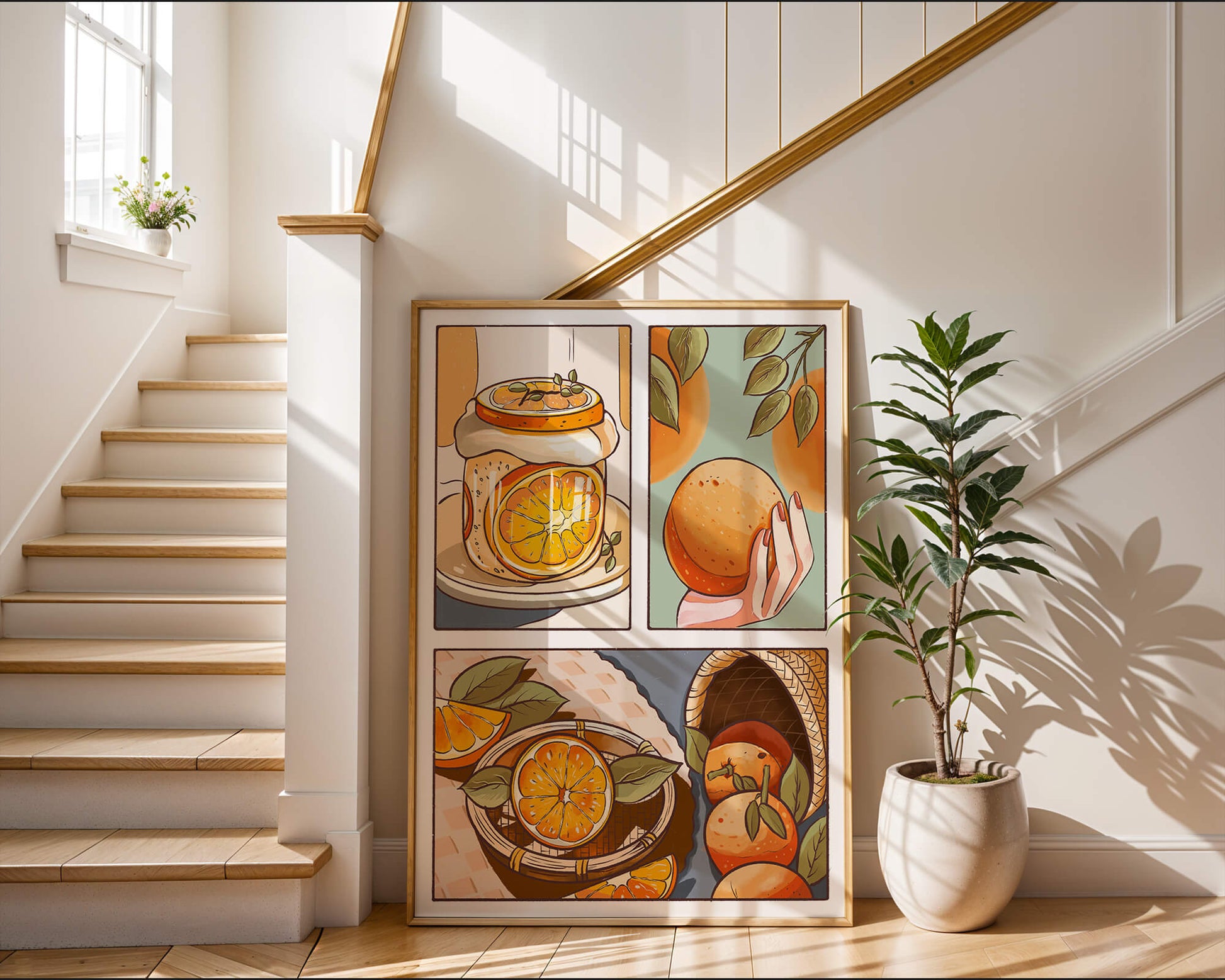 Ilustración colorida de naranjas y conservas con canasta