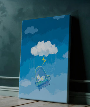 Gato soñador en un sillón flotante en un cielo nublado surrealista