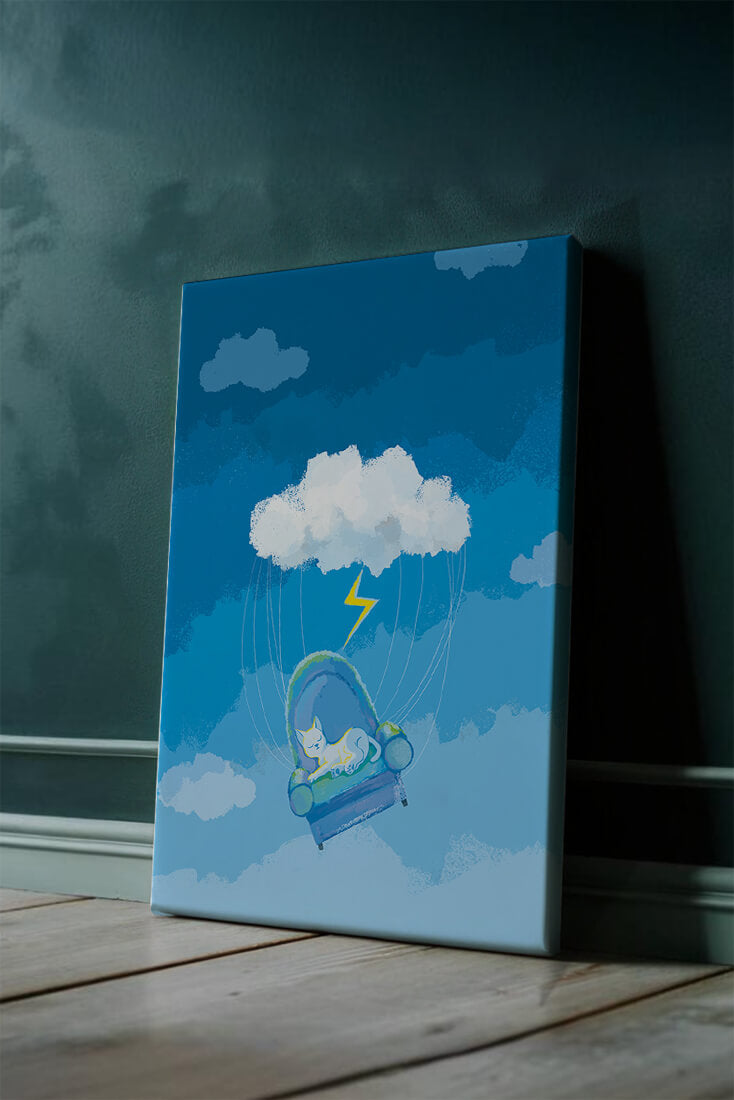 Dreamy Cat on a Floating Armchair in a Surreal Cloudy Sky