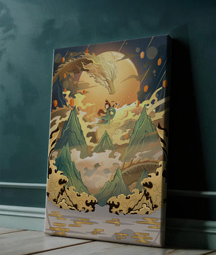 Mythical dragon and warrior painting with golden elements against a mountainous landscape