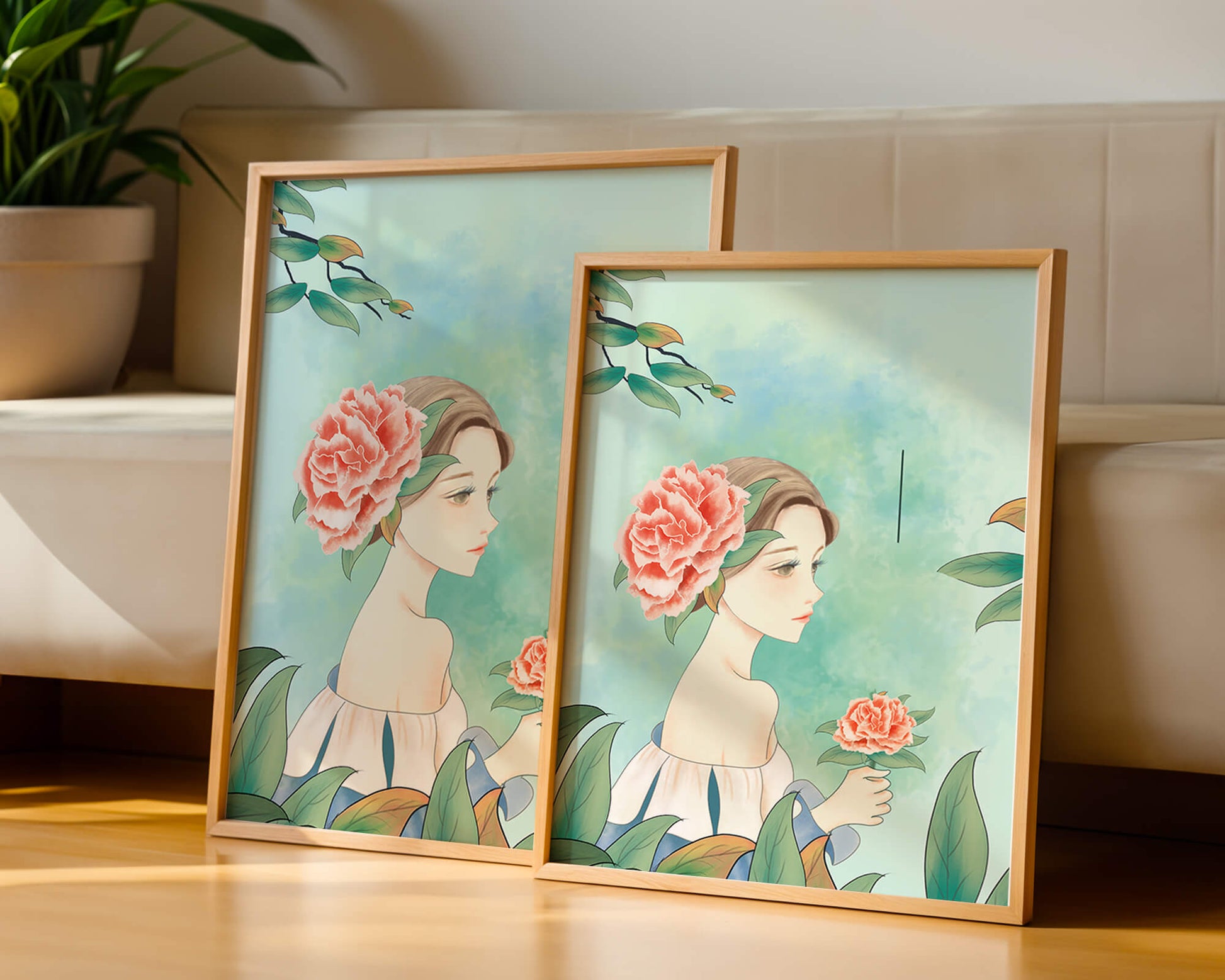 Illustration of a woman with a flower and text saying "Hello, July"