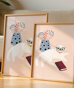 Illustration of playful cat with book and floral vase