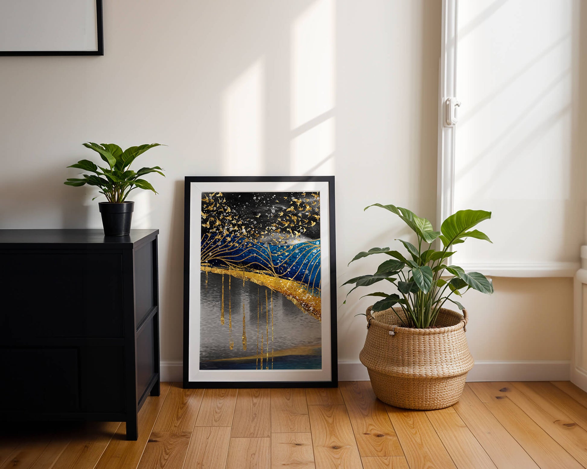 Abstract Night Sky With Golden Birds And Waves