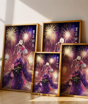 Girl in Yukata Celebrating Fireworks Festival with Cat and Fan