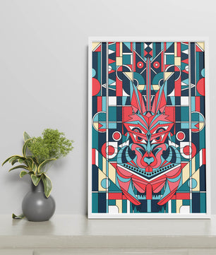 Arte abstracto geométrico de lobo con influencias tribales