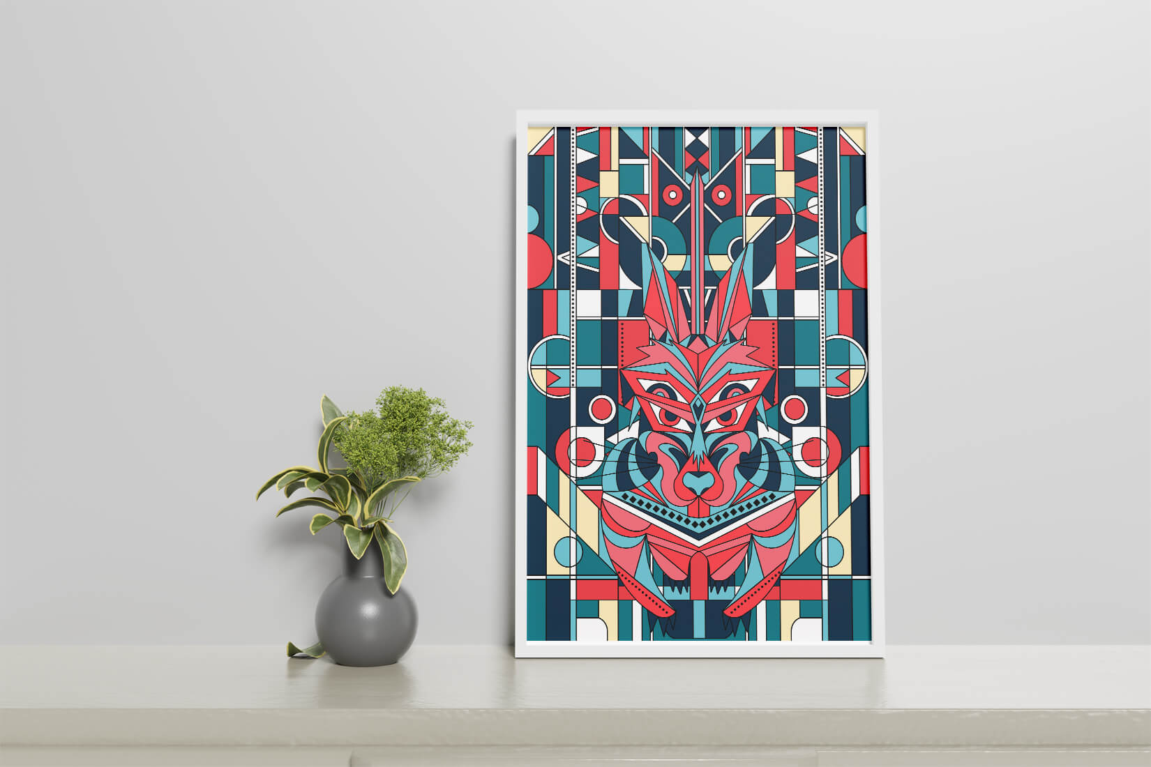 Arte abstracto geométrico de lobo con influencias tribales