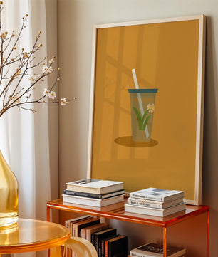 Illustration of a Drink with Botanical Element and Straw on Orange Background - Mi tienda