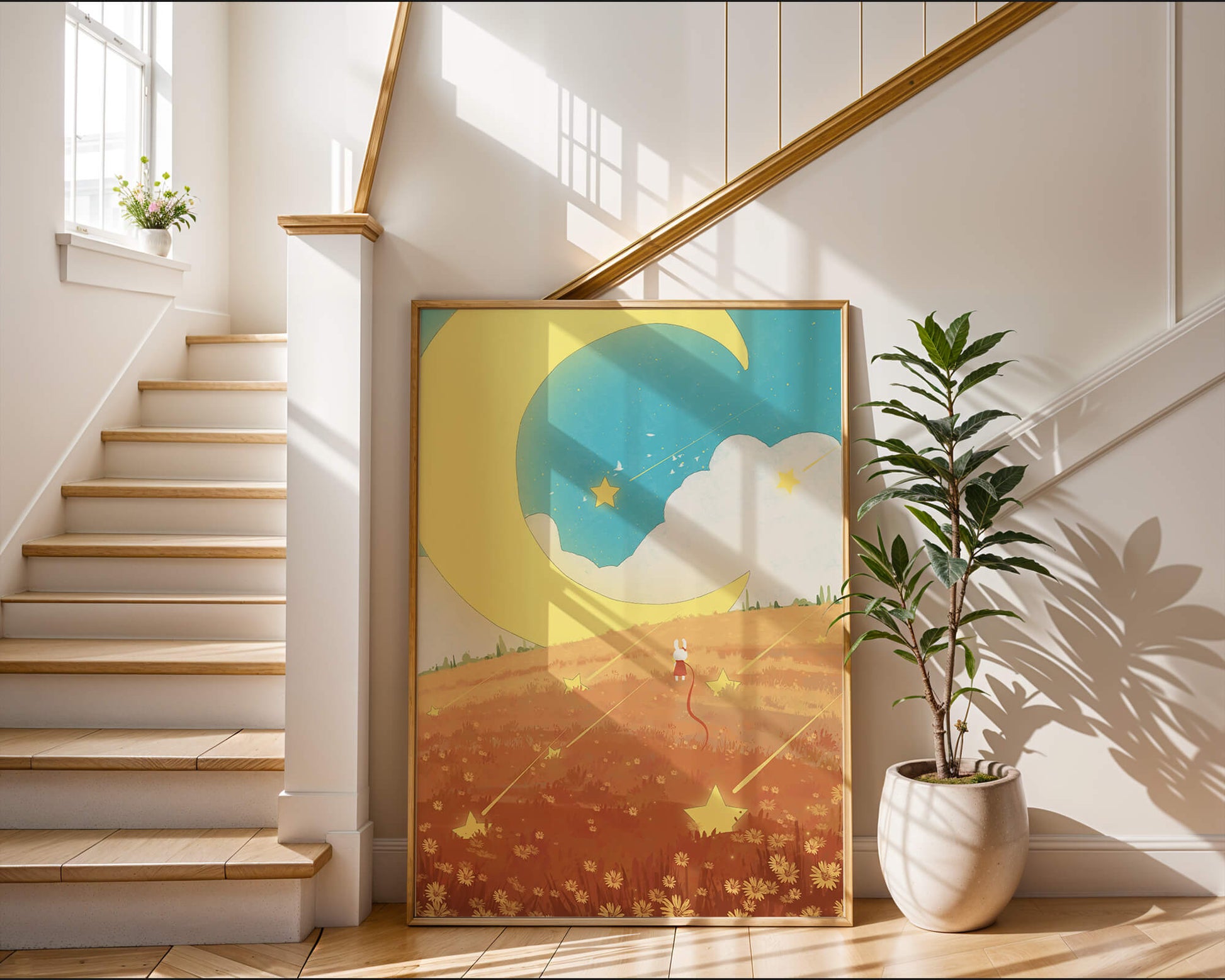 Dreamy Nighttime Landscape with Moon and Stars in a Field