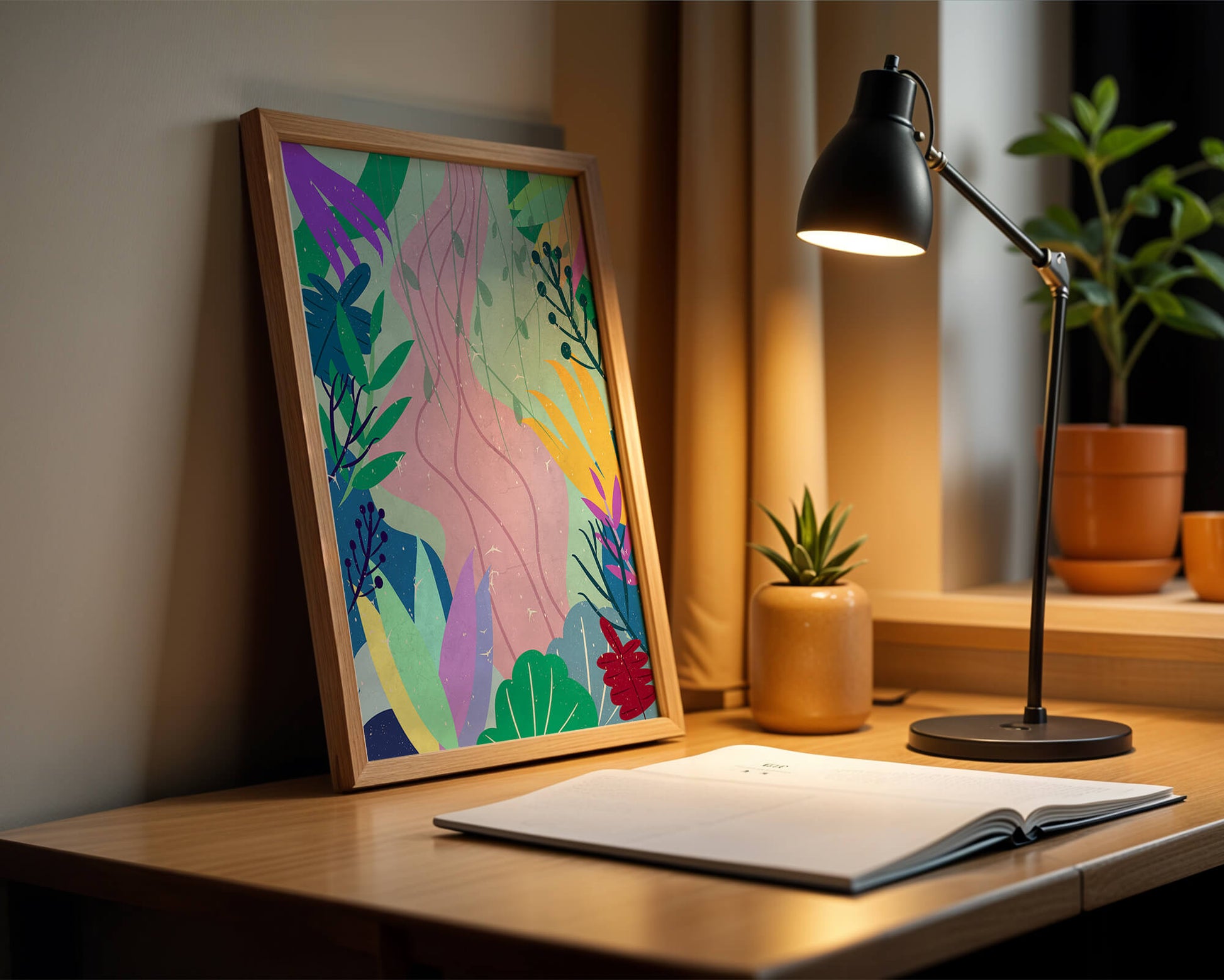 Abstract Botanic Composition with Vibrant Leaves and Shapes