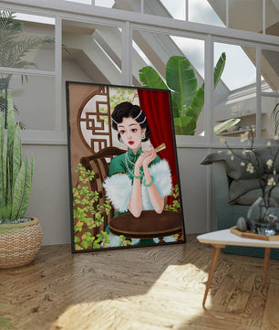 Elegant Woman in Traditional Asian Attire with Floral Background