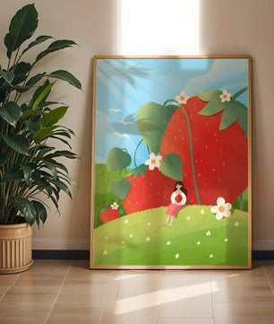 Paysage serein avec d'énormes fraises et une femme dans une prairie en fleurs