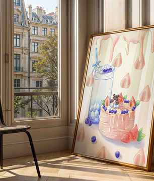 Escena de postre caprichosa con pastel y bebida con acentos juguetones