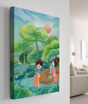 Charming illustration of children on a boat in a lush lotus pond