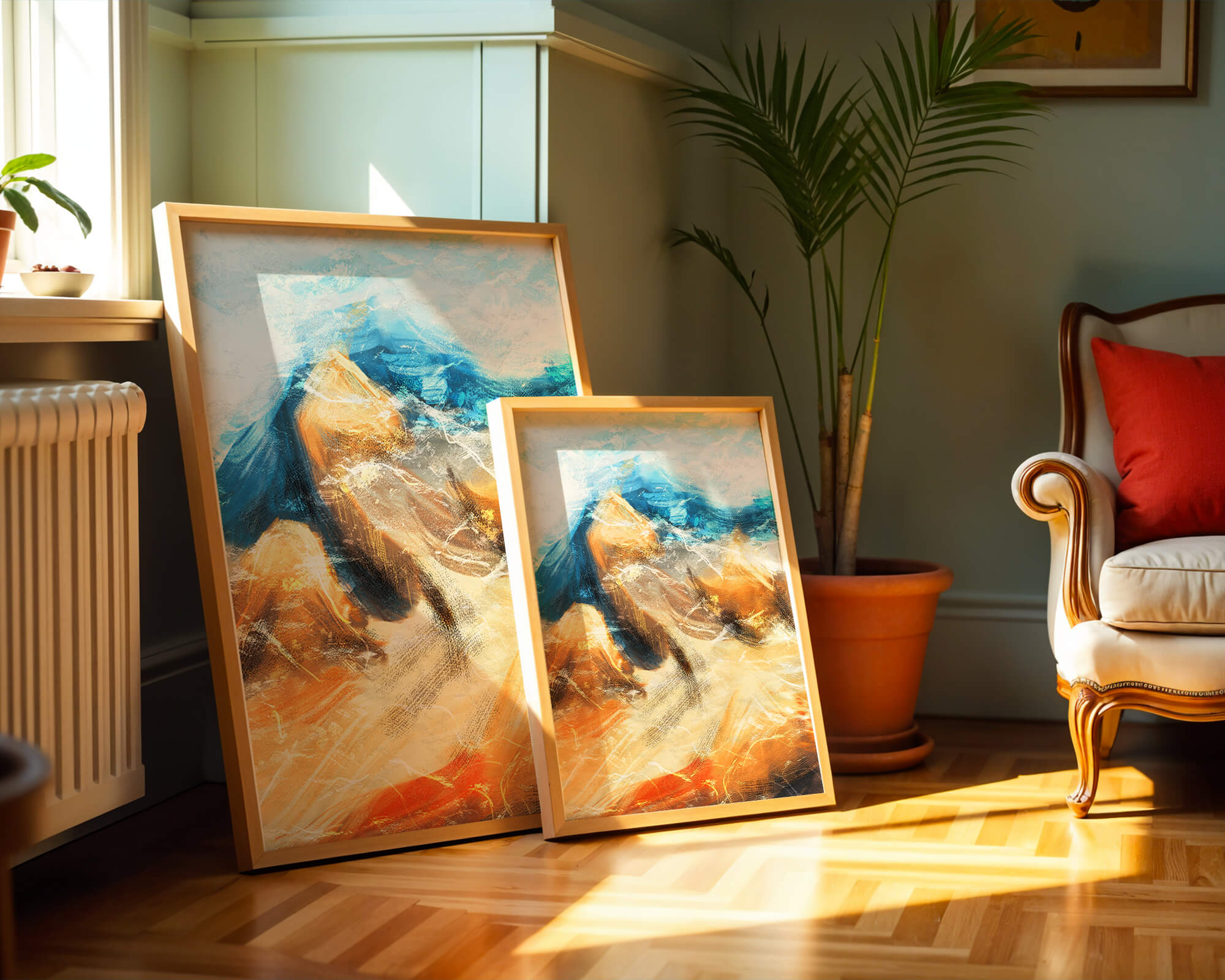 Abstract landscape with blue and golden hues