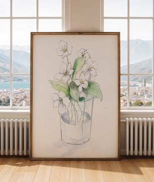 Delicadas flores blancas en una ilustración de jarrón de cristal