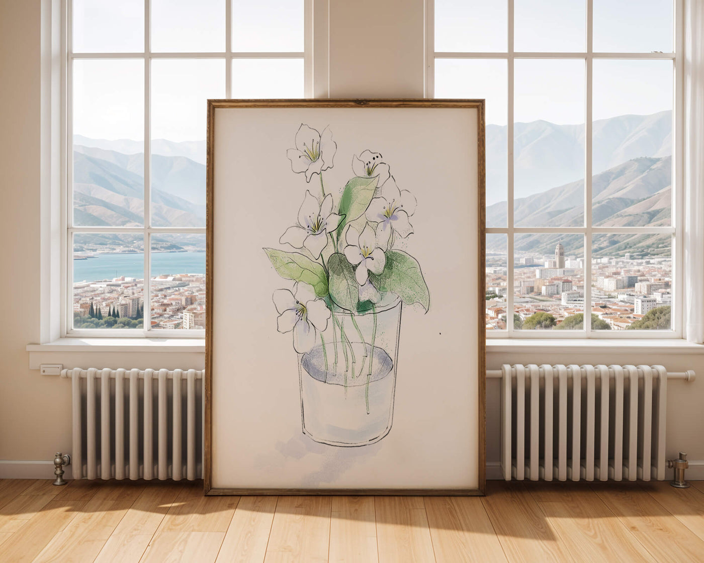 Delicate white flowers in a glass vase illustration