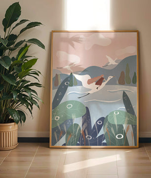 Whimsical landscape with flying birds and pink sky
