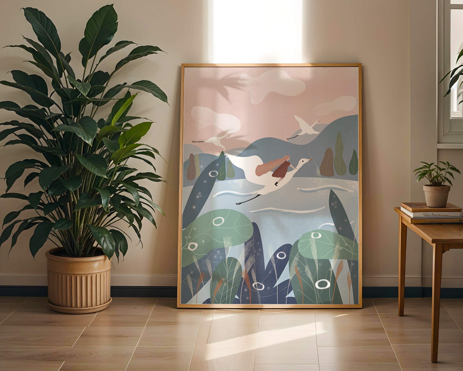 Whimsical landscape with flying birds and pink sky