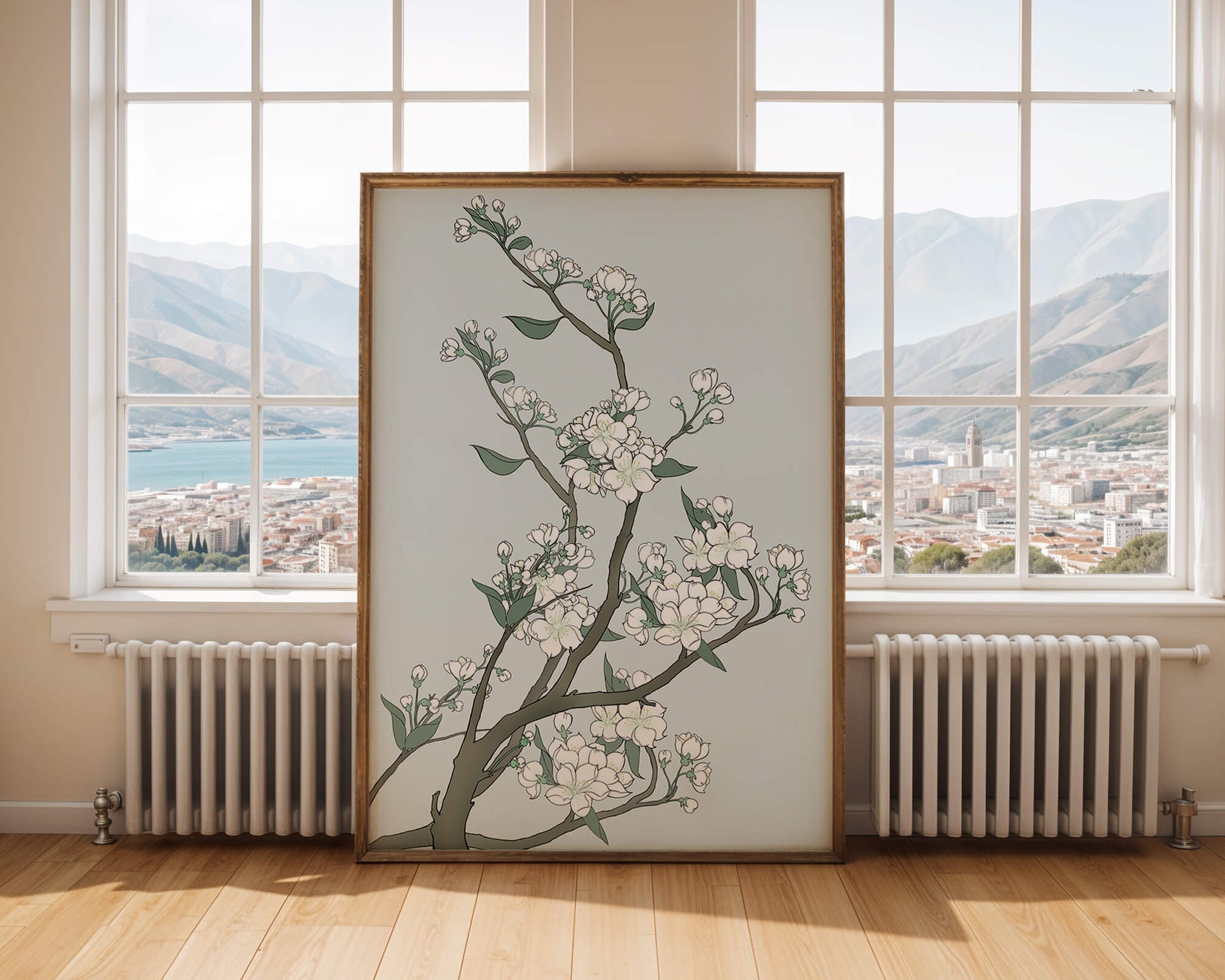 Delicate cherry blossoms on a soft blue background