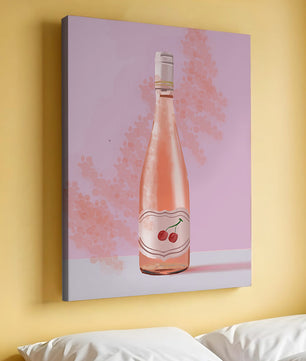 Illustrated wine bottle with a cherry label on pink background
