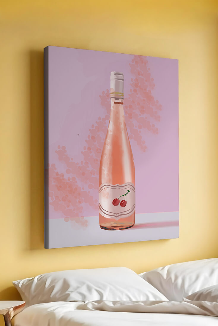 Illustrated wine bottle with a cherry label on pink background