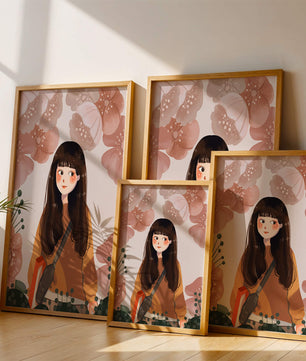 Ilustración de una niña con flores en tonos pasteles suaves