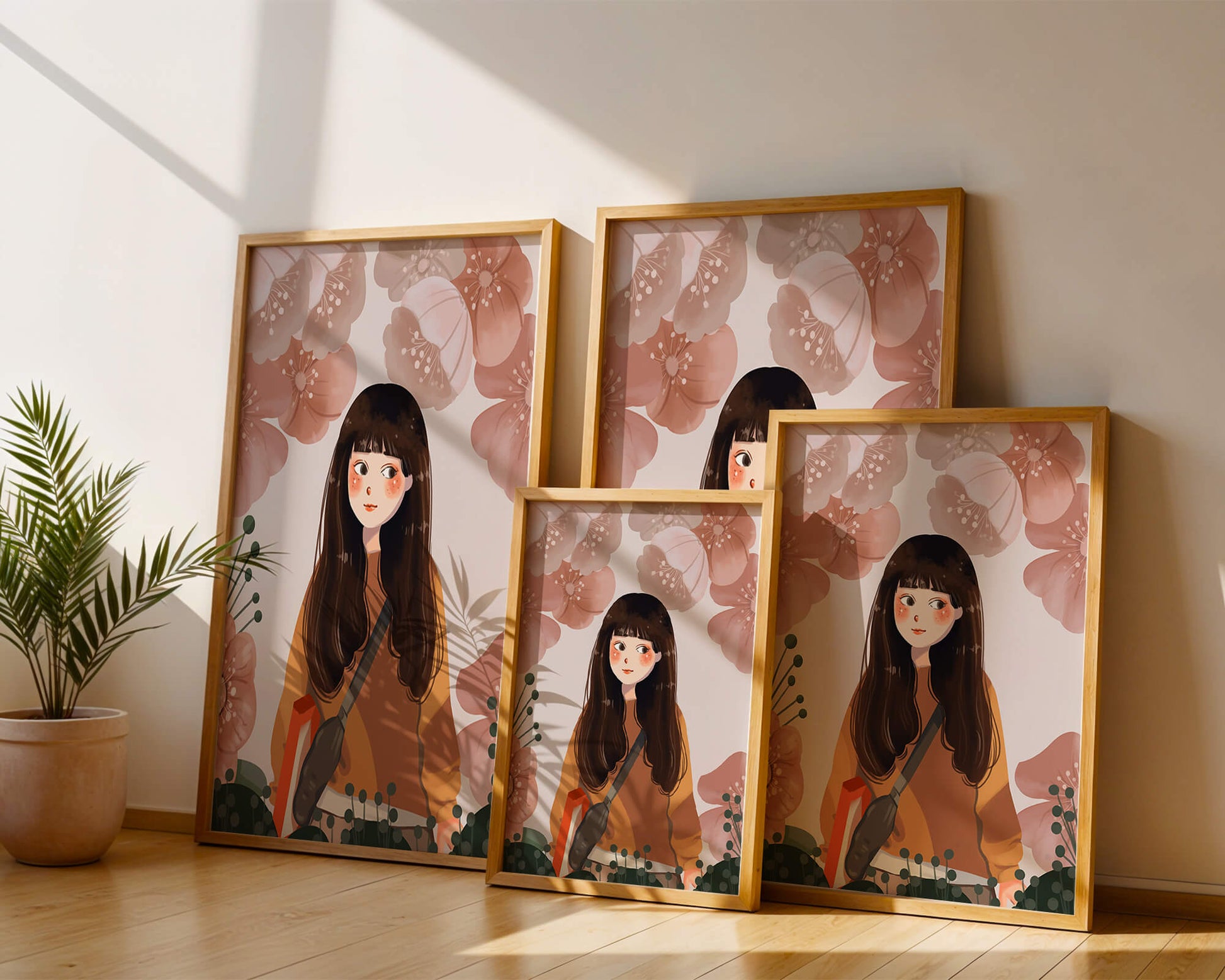 Illustration of girl with flowers in soft pastel hues