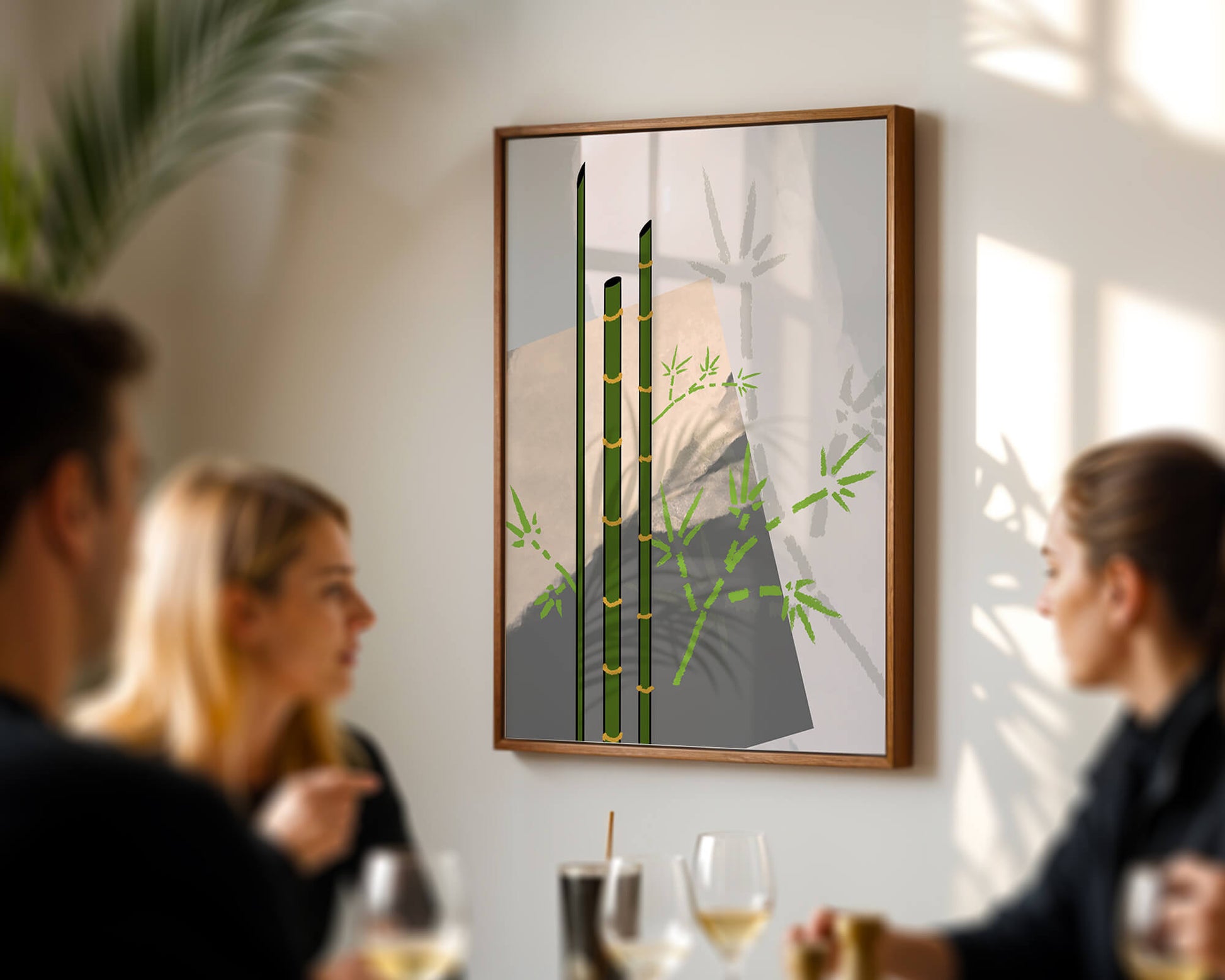 Arte minimalista de bambú con sombras abstractas de bambú