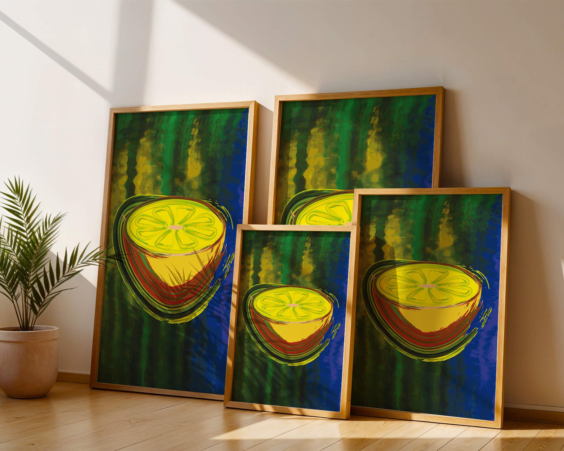 Vibrant abstract lemon slice with a colorful background