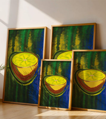 Vibrant abstract lemon slice with a colorful background