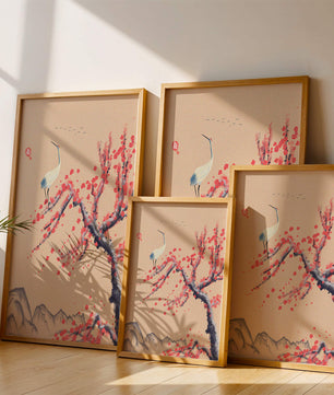 Elegant crane on cherry blossom tree with mountainous background