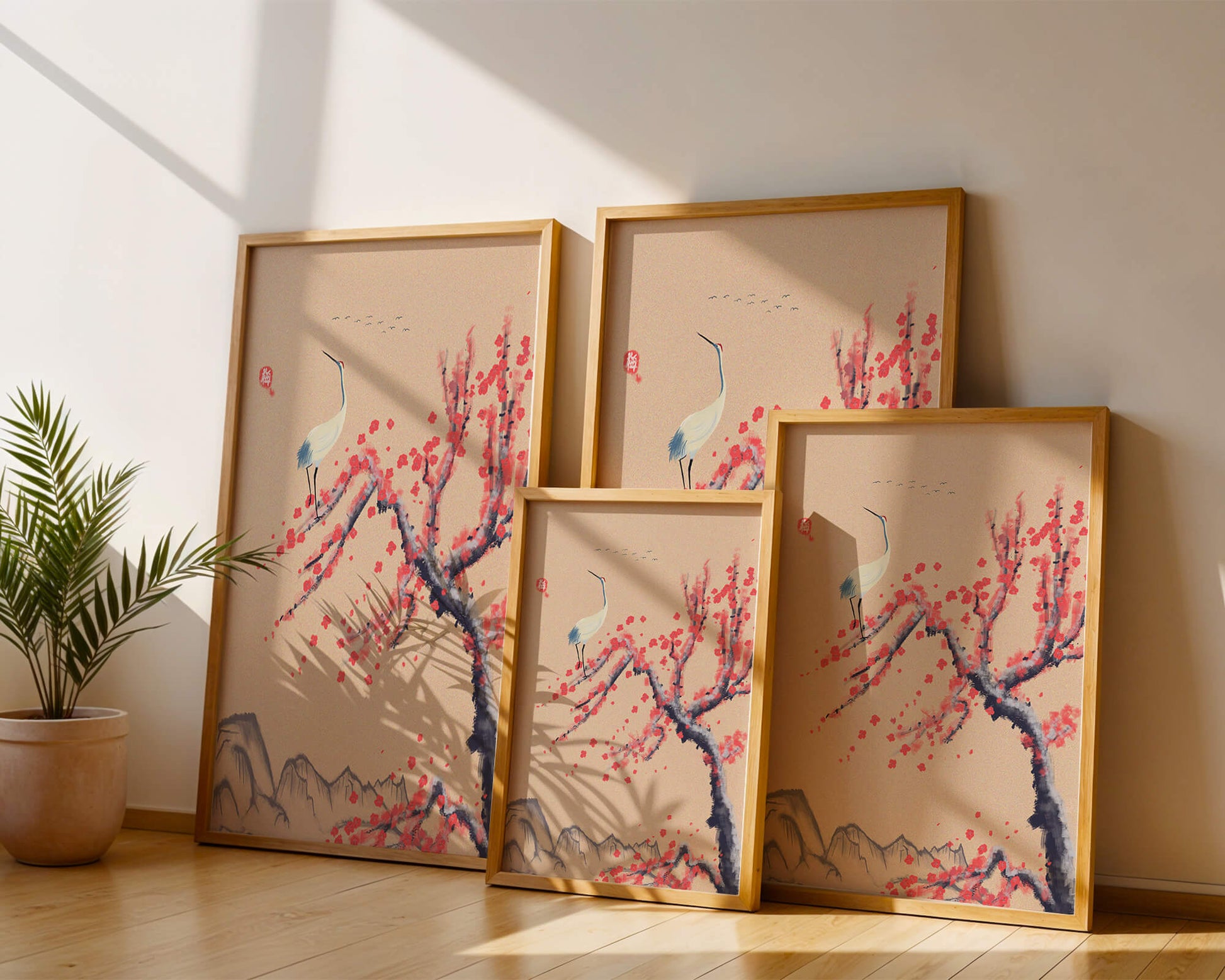 Elegant crane on cherry blossom tree with mountainous background