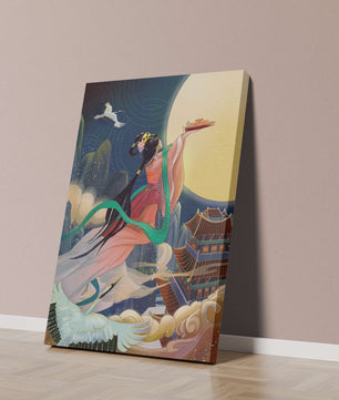 Oriental Fantasy Scene with Woman Offering Gift to the Moon